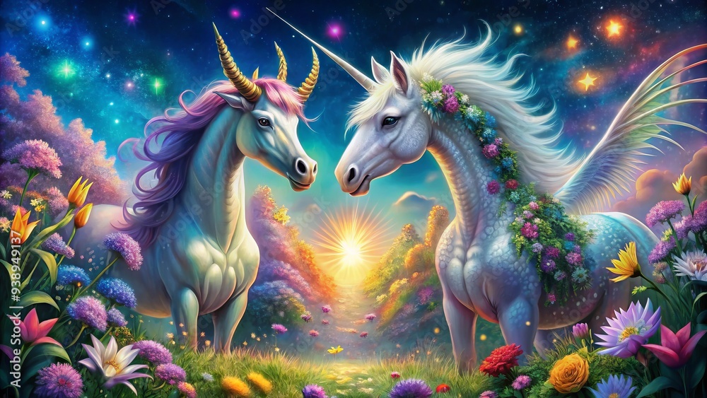 Mystical creatures unite, as a majestic dragon and radiant unicorn stand together, surrounded by vibrant flowers, shimmering stars, and a soft, ethereal glow. Mystical creatures unite, as a majestic dragon and radiant unicorn stand together, surrounded by vibrant flowers, shimmering stars, and a soft, ethereal glow.