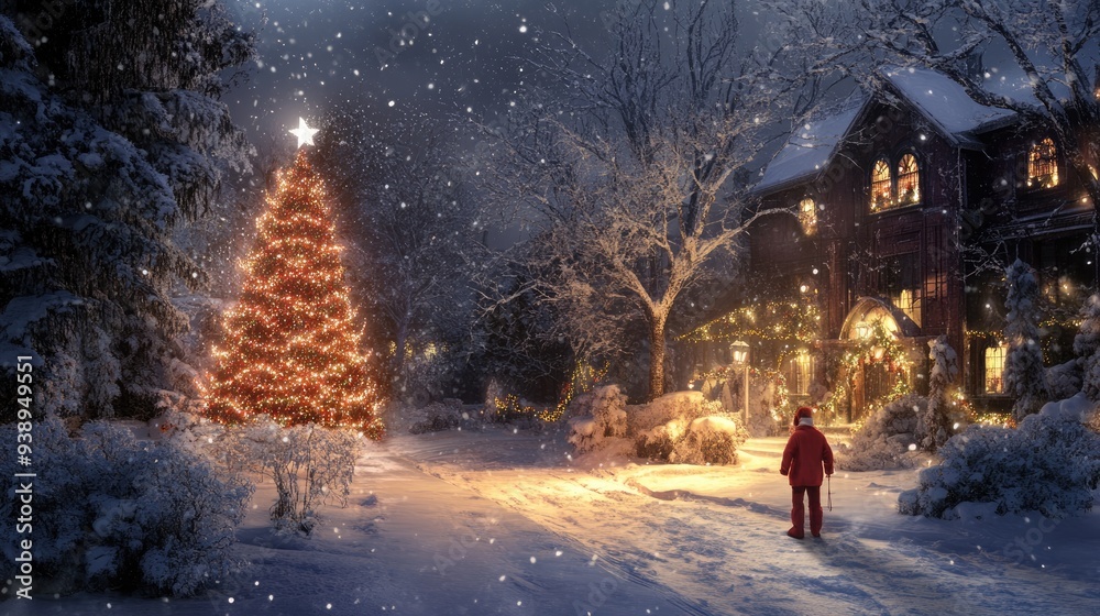Snowy Christmas Night with a Decorated House and a Christmas Tree Snowy Christmas Night with a Decorated House and a Christmas Tree