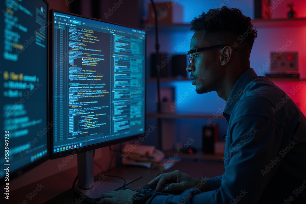 African IT Specialist Analyzes AI-Driven Cyber Threats: Compelling Image for Data Security Awareness Campaigns African IT Specialist Analyzes AI-Driven Cyber Threats: Compelling Image for Data Security Awareness Campaigns