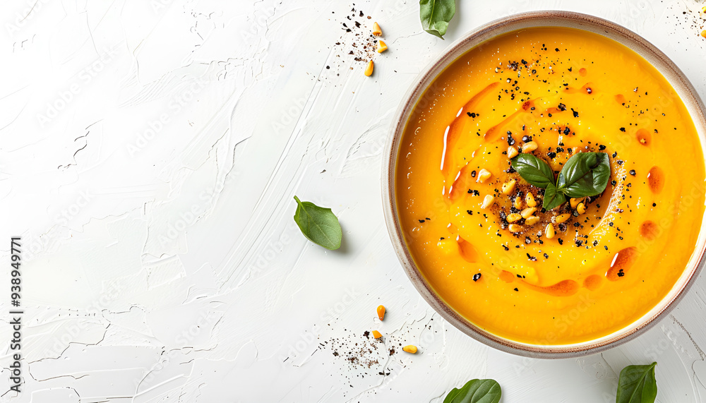 Pumpkin cream soup isolated on white background, top view Pumpkin cream soup isolated on white background, top view