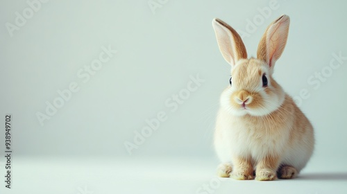 A fluffy bunny with ears perked up on a white background, with a large area of copy space for customization