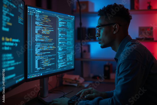 African IT Specialist Analyzes AI-Driven Cyber Threats: Compelling Image for Data Security Awareness Campaigns