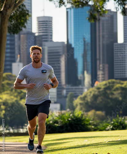 man in casual attire enjoying a morning jog in a park, with a city skyline in the background