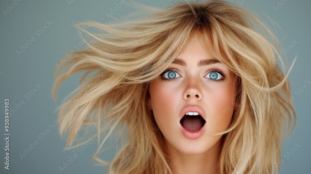 A blonde woman with blue eyes and a surprised expression. She has long hair that is blowing in the wind A blonde woman with blue eyes and a surprised expression. She has long hair that is blowing in the wind