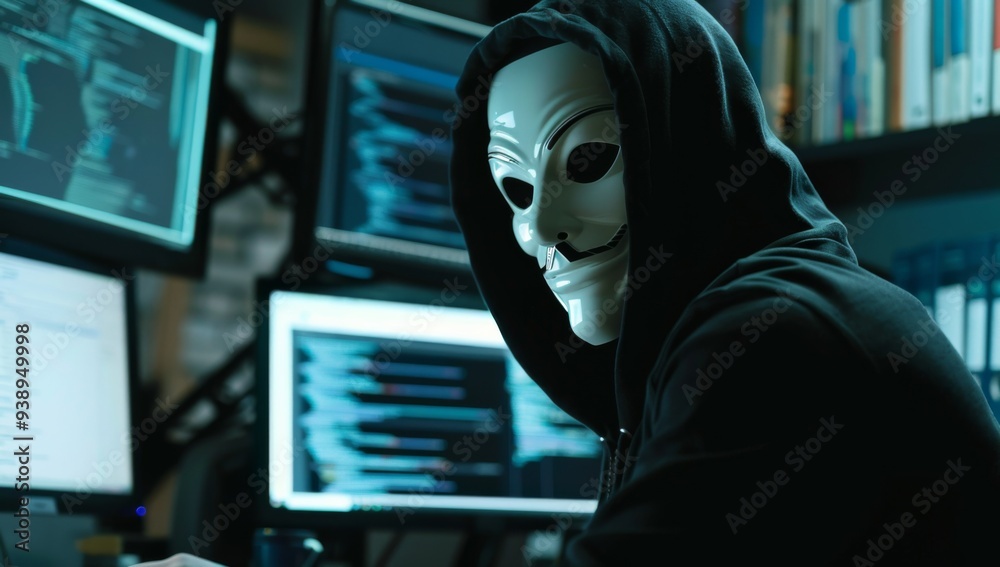 A person wearing a mask sits in front of multiple monitors displaying code and digital information in a darkened room in the late evening, illustrating the world of hacking and cybersecurity A person wearing a mask sits in front of multiple monitors displaying code and digital information in a darkened room in the late evening, illustrating the world of hacking and cybersecurity