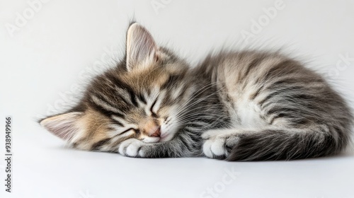 A fluffy kitten curled up and sleeping on a white background, with space for copy above or beside it