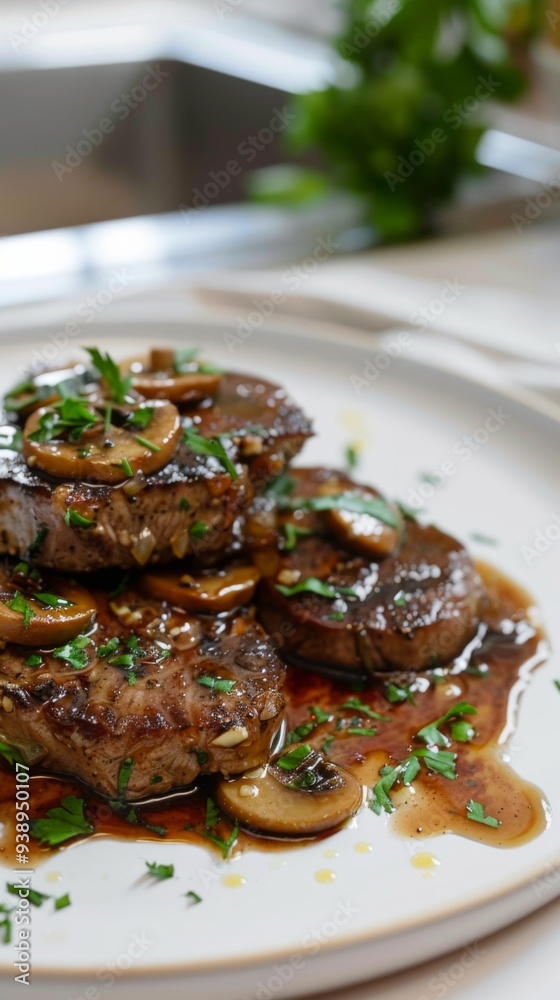 Juicy steak medallions topped with mushrooms and herbs served on a white plate, showcasing a delicious meal prepared in a contemporary kitchen setting Juicy steak medallions topped with mushrooms and herbs served on a white plate, showcasing a delicious meal prepared in a contemporary kitchen setting