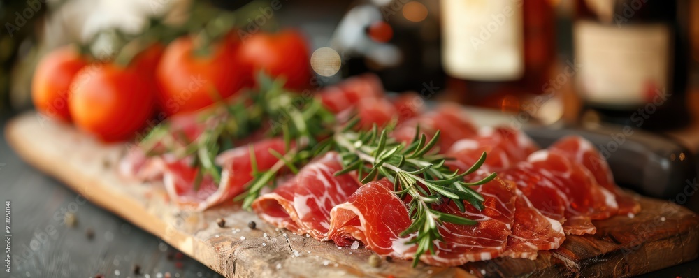 Slices of prosciutto with rosemary on a wooden board. Free copy space for text. Slices of prosciutto with rosemary on a wooden board. Free copy space for text.
