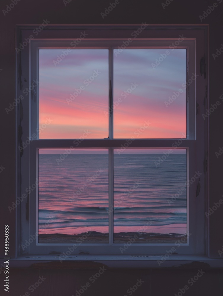 a window from a dark room, outside is ocean with pinky sky. a window from a dark room, outside is ocean with pinky sky.