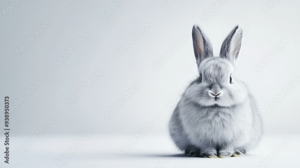 Obraz premium A fluffy rabbit sitting quietly on a white background, its soft fur contrasted against the bright space. Ideal for text placement.