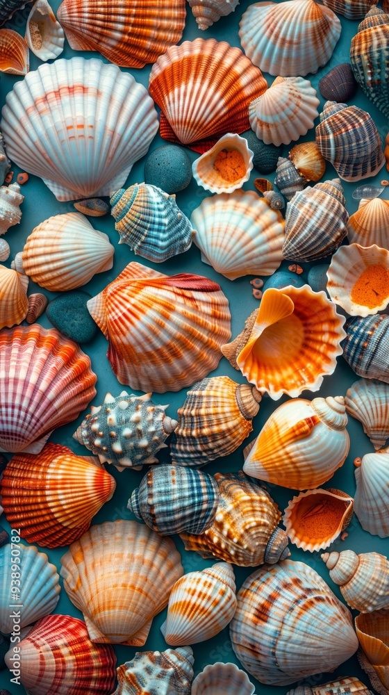 Colorful seashells with unique patterns and textures cover a surface, illustrating the beauty of coastal treasures Colorful seashells with unique patterns and textures cover a surface, illustrating the beauty of coastal treasures