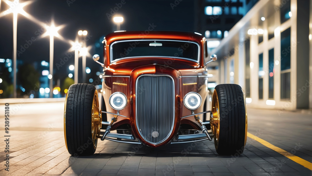 Beautiful unique orange brown vintage hot rod car front view, automotive background, tuning template, wallpaper, auto transport