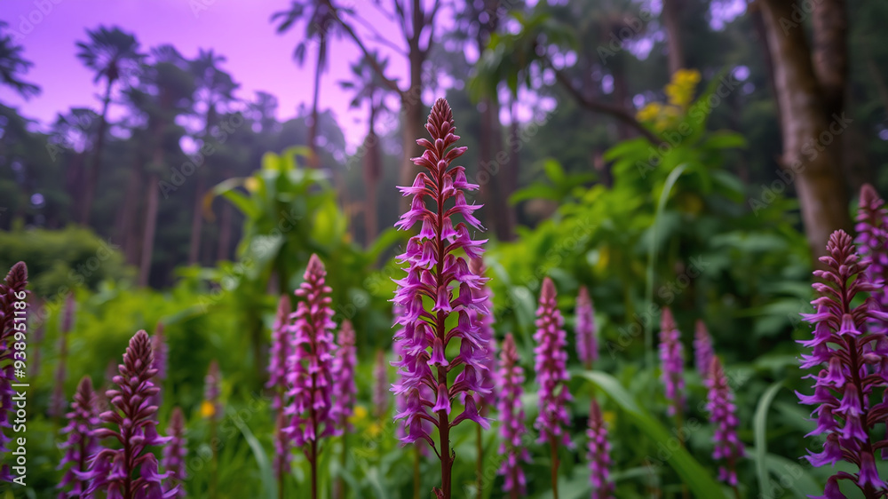 Purple forest flowers growing vertically in the foreground And behind is a forest in purple tones. purple sky,