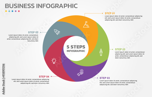 Visual data presentation. Cycle diagram with 5 options. Pie Chart Circle infographic template with 5 steps, options, parts, segments. Business concept. Editable pie chart with sectors. Single layer.