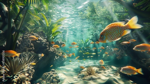 Medium sized fishes are underwater as well. Snorkleing between islands in the stream.  photo