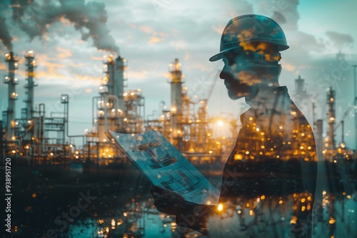 An industrial worker reviews documents against the backdrop of an oil refinery at sunset, surrounded by glowing lights