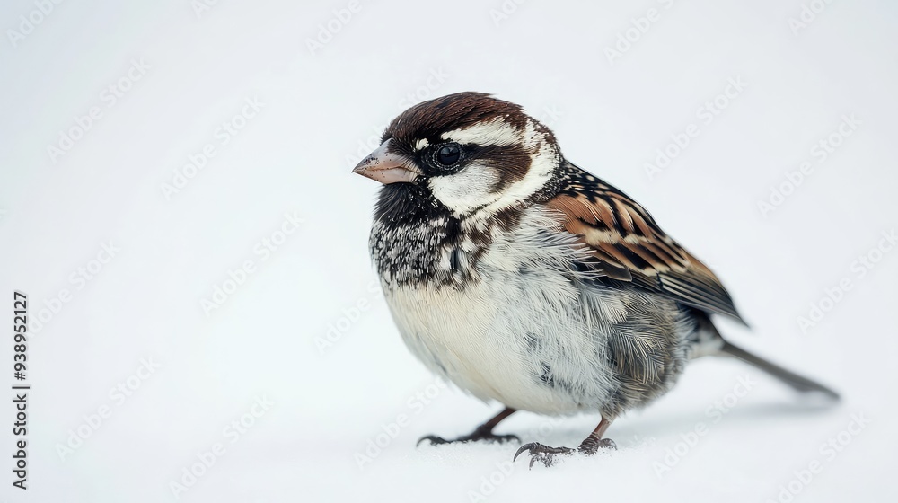 A small bird fluffing its feathers on a white background, with plenty of copy space available.