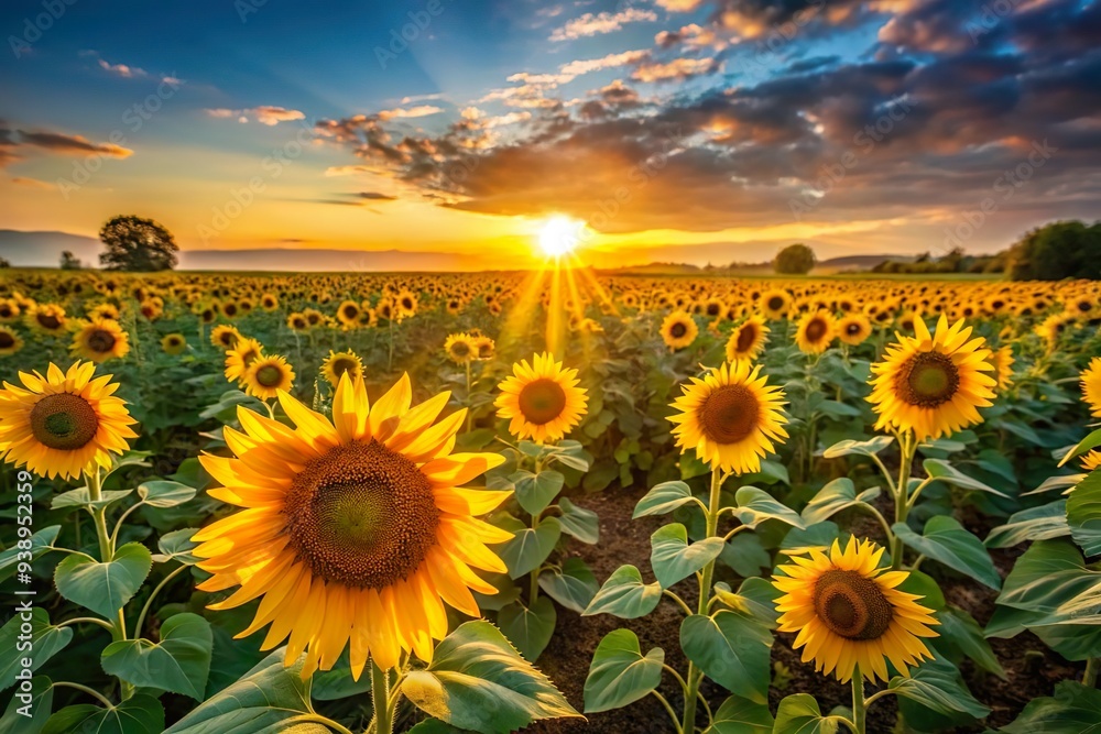 Obraz premium Big sunflower field glowing at sunset
