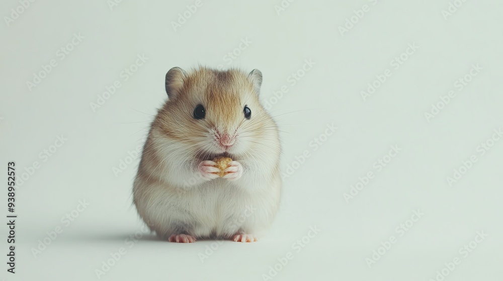 A small, cute hamster holding a tiny treat on a white background, with generous space for copy above or beside it. A small, cute hamster holding a tiny treat on a white background, with generous space for copy above or beside it.