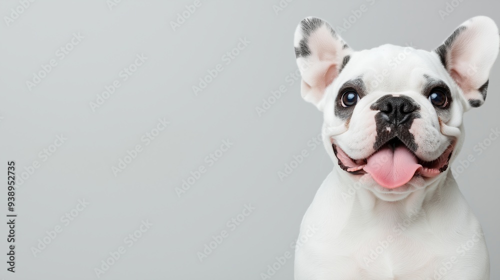 A white dog with a pink tongue is smiling and looking at the camera. The dog is standing on a grey background A white dog with a pink tongue is smiling and looking at the camera. The dog is standing on a grey background