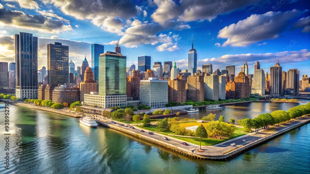 Fototapeta premium Panoramic view of Long Island City's vibrant waterfront, featuring gleaming skyscrapers, bustling streets, and the iconic Manhattan skyline across the East River.