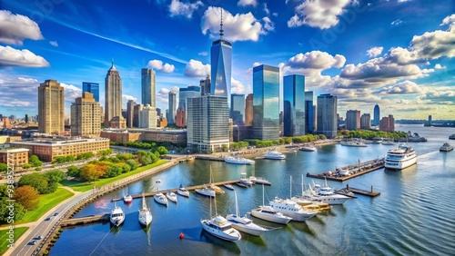 Panoramic view of Jersey City waterfront showcasing sleek skyscrapers, Hudson River, and bustling marina with sailboats and ferries under a vibrant blue sky. photo