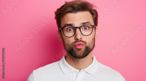 A man with glasses and a mustache is looking at the camera with a surprised expression. He is wearing a white shirt and has a pink background