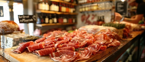 Slices of prosciutto with rosemary on a wooden board. Free copy space for text.