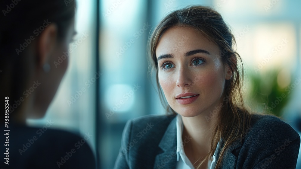 Portrait of a businesswoman talking to a colleague, professional and engaging setting, copy space Portrait of a businesswoman talking to a colleague, professional and engaging setting, copy space