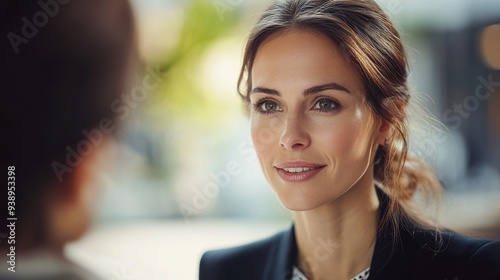 Portrait of a businesswoman talking to a colleague, professional and engaging setting, copy space