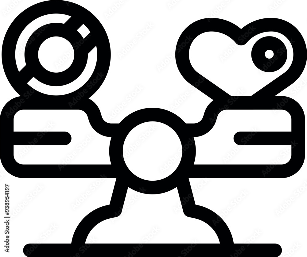 Businessman is balancing his career and his love life, represented by money and a heart on a swing scale Businessman is balancing his career and his love life, represented by money and a heart on a swing scale