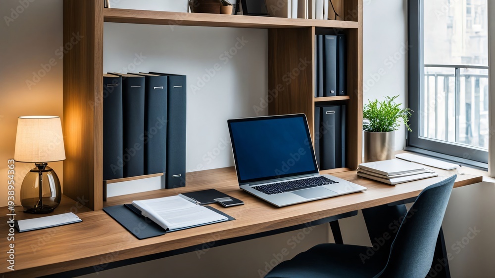 Wooden work desk with laptop and documents, books, modern interior of cozy cabinet, table for businessman or student at home, comfortable workspace, workplace with computer in apartment Wooden work desk with laptop and documents, books, modern interior of cozy cabinet, table for businessman or student at home, comfortable workspace, workplace with computer in apartment