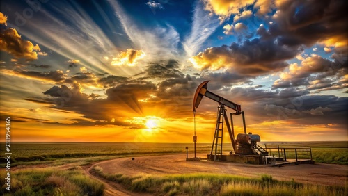 Pumpjack slowly extracts crude oil from a rustic Texas well, surrounded by vast open plains and a warm golden sunset with few scattered clouds.