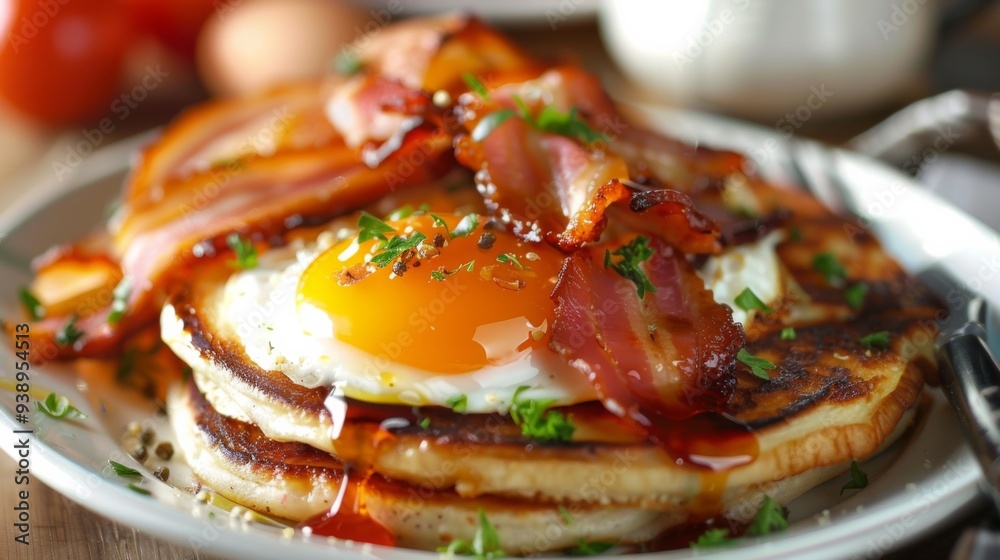 A delicious stack of pancakes topped with crispy bacon and a fried egg garnished with herbs served in a cozy breakfast setting A delicious stack of pancakes topped with crispy bacon and a fried egg garnished with herbs served in a cozy breakfast setting