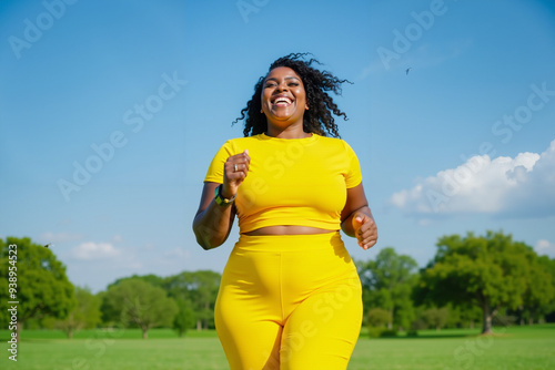 Joyful Black Woman Jogging in Park: Body Positive Fitness Journey for Health and Wellness Campaigns