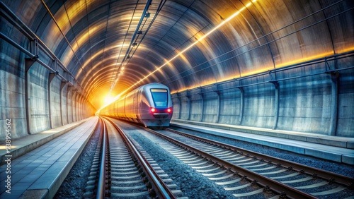 Railway train speeds through a brightly lit concrete tunnel, tracks and overhead wires lining the passageway, with a blurred motion effect.