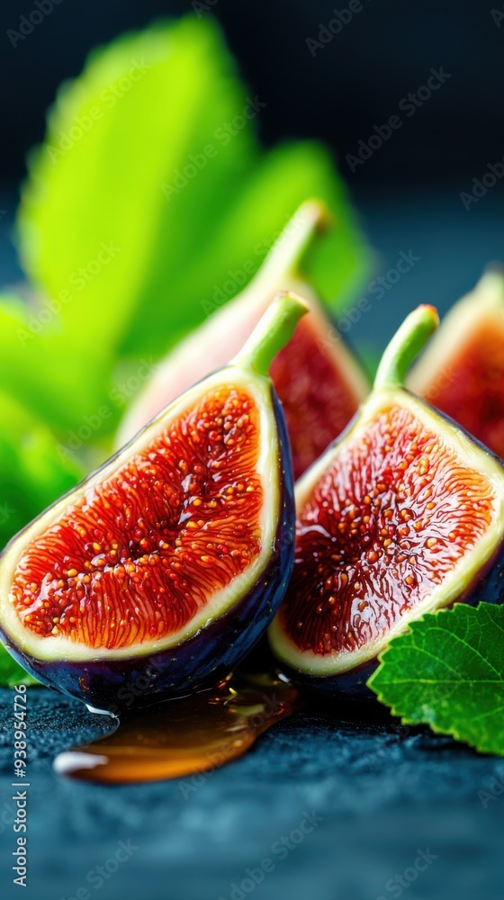Fresh figs with vibrant colors and green leaves, showcasing their juicy interior and natural sweetness. Fresh figs with vibrant colors and green leaves, showcasing their juicy interior and natural sweetness.