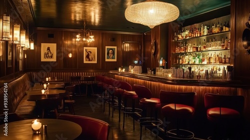 Wallpaper Mural Cozy Bar Interior with Red Booths and a Chandelier Torontodigital.ca