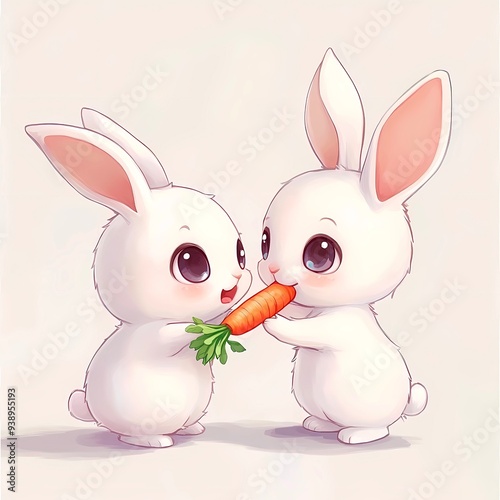 Two white bunnies playful competing for a carrot photo