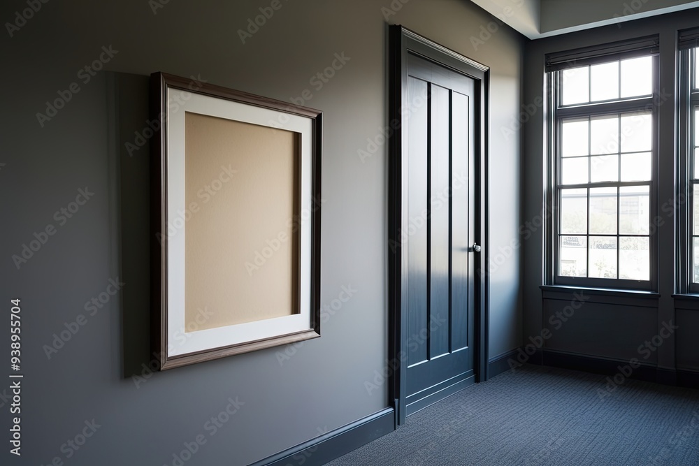 An Untouched Art Frame in a Professional Room Against a Stark Wall with Gentle Sunlight Filtering Through Windows An Untouched Art Frame in a Professional Room Against a Stark Wall with Gentle Sunlight Filtering Through Windows