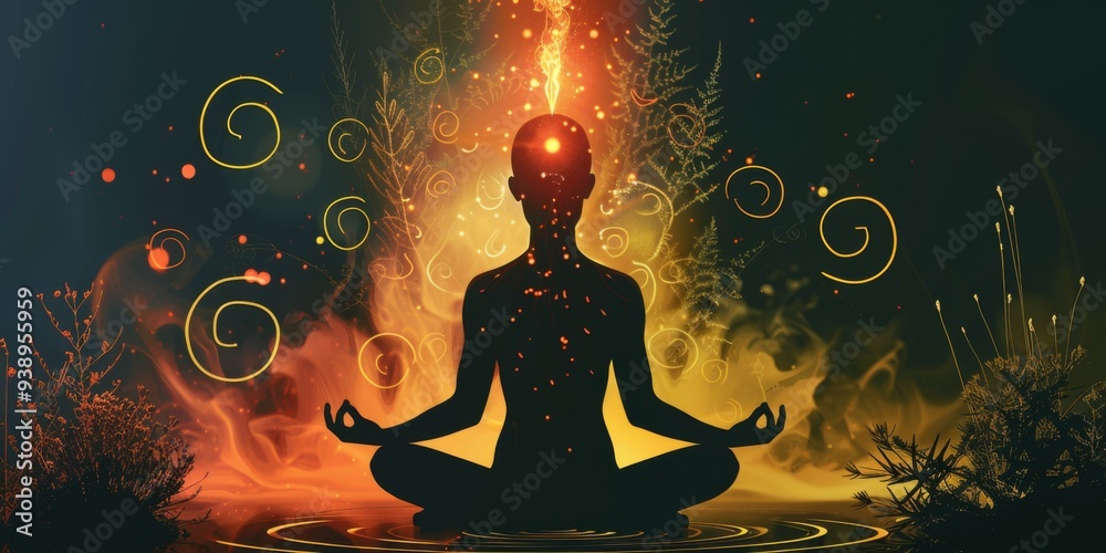 a person meditating with herbs and energy behind them. They have rings of energy emanating from their body. 
