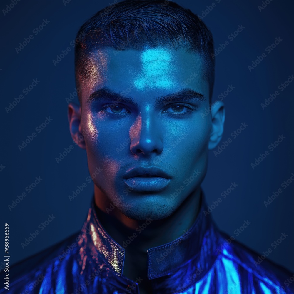 Full face portrait of a male, futuristic look and clothes, white and blue gel light. Portrait de face d'un homme, cheveux courts décolorés sur le côté, lumière bleue. Full face portrait of a male, futuristic look and clothes, white and blue gel light. Portrait de face d'un homme, cheveux courts décolorés sur le côté, lumière bleue.