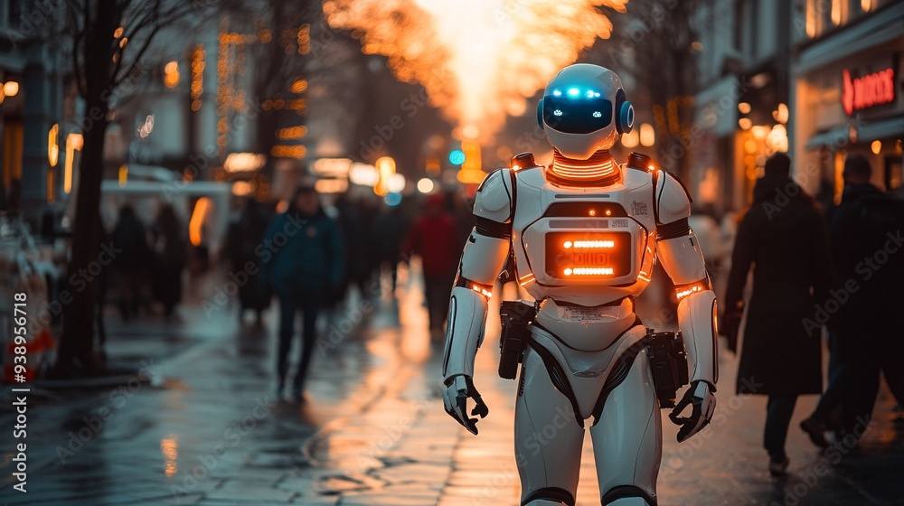 A cyber cop robot patrolling the streets of a futuristic city using advanced sensors and cameras to monitor for criminal activity and ensure public safety Stock Photo with copy space A cyber cop robot patrolling the streets of a futuristic city using advanced sensors and cameras to monitor for criminal activity and ensure public safety Stock Photo with copy space