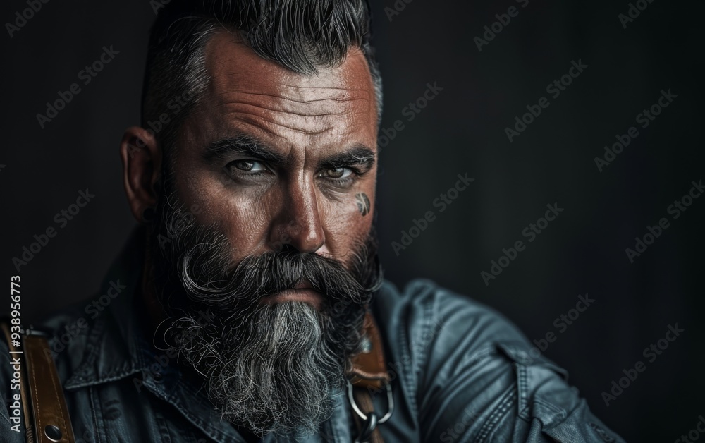 Fototapeta premium An intense portrait of a bearded man with striking features, dressed in denim, and showcasing elaborate facial hair, taken indoors under dramatic lighting in the early evening