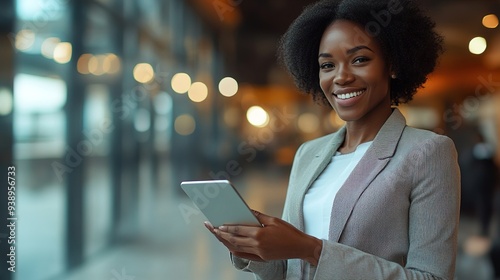 Positive African American businesswoman using a digital tablet, representing modern technology and success