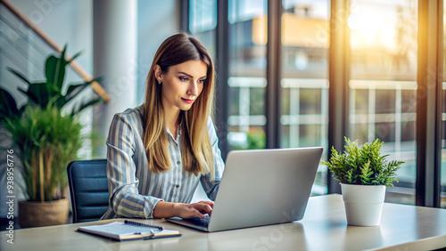 A beautiful young woman is focused on working on a laptop, a freelance girl or a student at a computer