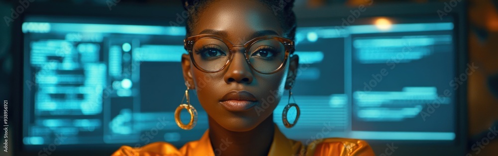 A female IT specialist examines holographic code related to AI cyber security threats