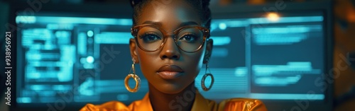 A female IT specialist examines holographic code related to AI cyber security threats