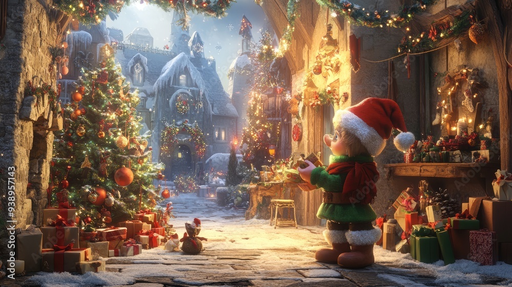 A Christmas Elf Delivers Gifts in a Snowy Village A Christmas Elf Delivers Gifts in a Snowy Village