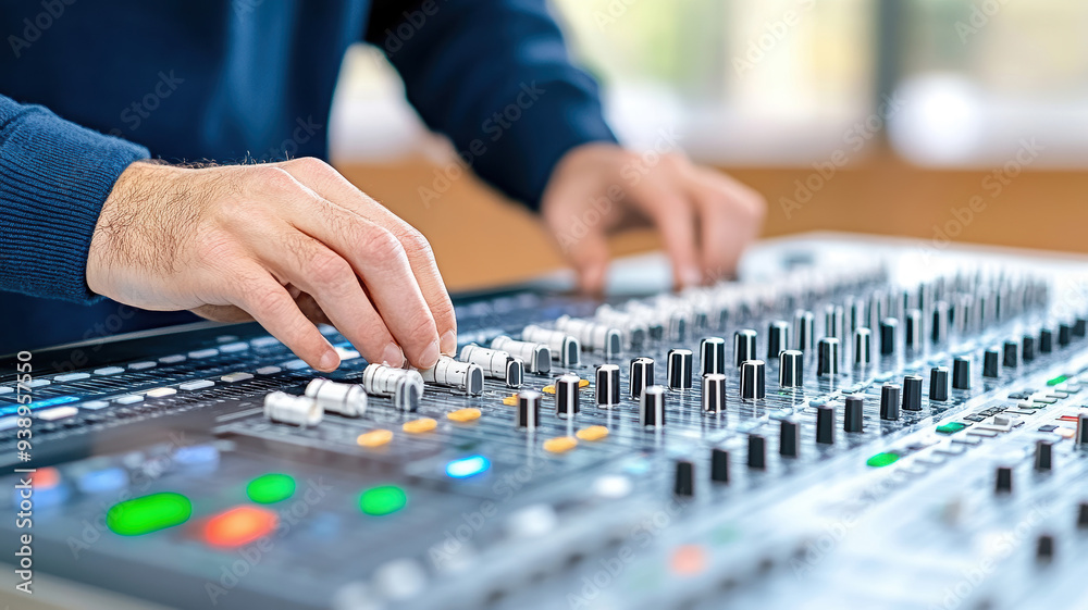 音響スタジオでミキシングをする男性の手元。Generative AI